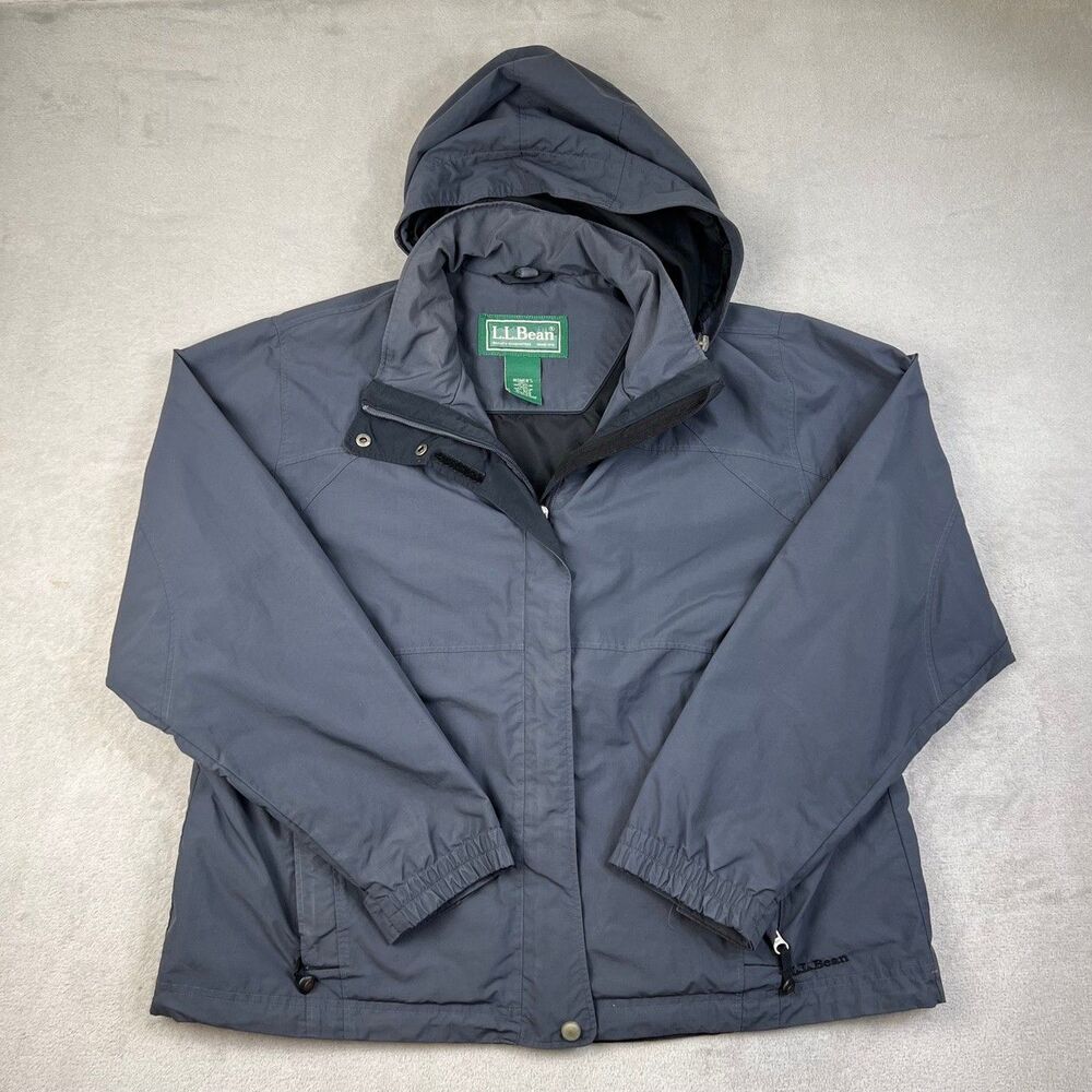 L.L.Bean Womens XL Gray Hooded Nylon Windbreaker Jacket Full Zip Drawstring